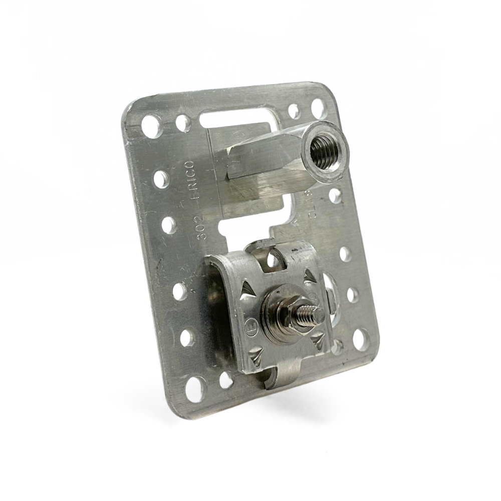 Angled view of the Air Terminal Base with Tabbed Swivel Head, highlighting the field-adjustable air terminal support tab. This aluminum base eliminates the need for additional swivel adapters, providing secure and reliable connections in lightning protection systems. Compliant with UL 96A, NFPA 780, and LPI 175 standards. Available from American Rod Company.