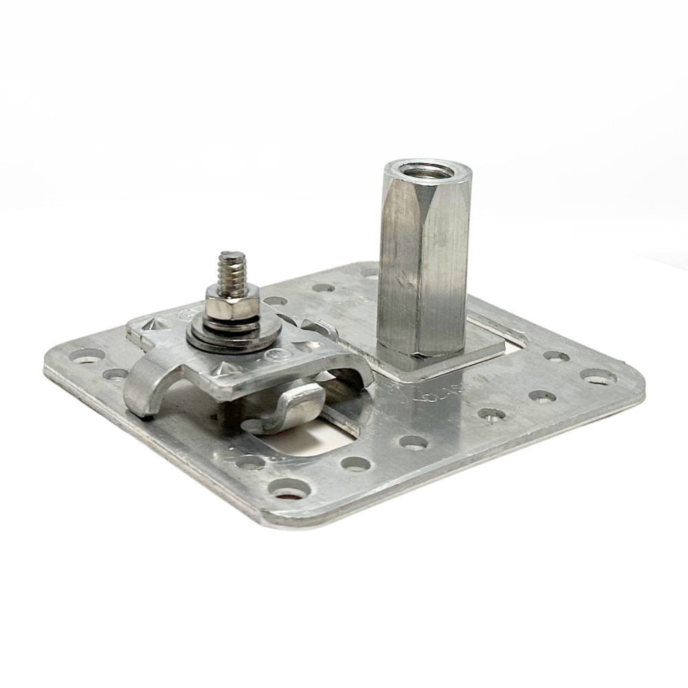 Air Terminal Base with Tabbed Swivel Head, made from high-quality aluminum, featuring a 1/2 UNC thread. Designed for use on flat, vertical, or sloping surfaces, this versatile base provides reliable support in lightning protection systems, ensuring compliance with NFPA 780, UL 96A, and LPI 175 standards. Available through American Rod Company.