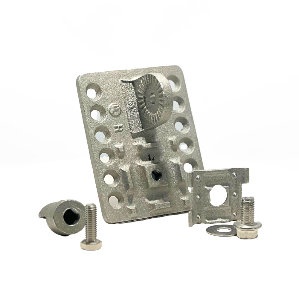 The Heavy Cast Aluminum Adhesive Point Base with Swiveling Head disassembled, showing its components and sturdy construction. Designed for effective lightning protection without making holes in the roof, this base is a key part of any comprehensive lightning protection system by American Rod Company, compliant with UL 96A, NFPA 780, and LPI 175 standards.