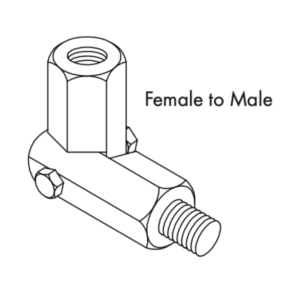 A sketch of a typical use scenario for the Machined Double Swivel Adapter, illustrating its application in a lightning protection system. The adapter provides reliable directional adjustments, enhancing the flexibility and effectiveness of the system by American Rod Company. Compliant with UL Listed Lightning Protection, NFPA 780 Compliance, and UL 96A Standards, it ensures optimal lightning protection and grounding.