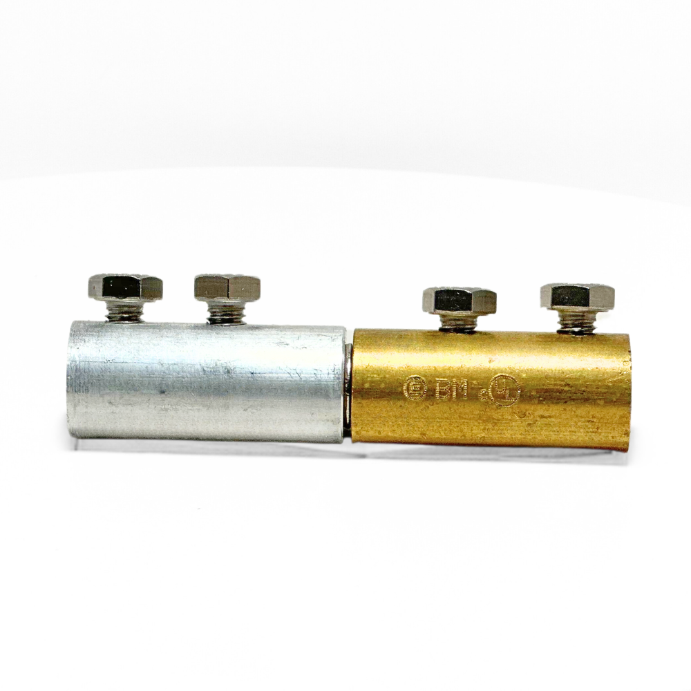 American Rod Company’s In-Line Bi-Metallic Cable Connector is designed for connecting copper and aluminum cables in a straight run. Constructed from aluminum, brass, and stainless steel 304, this connector ensures durability and corrosion resistance. Featuring a 1” diameter and a two-bolt tension grip system, it provides a secure and reliable connection. Ideal for lightning protection and electrical grounding. UL 96A, NFPA 780, and LPI 175 approved.