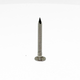 American Rod Company’s Large Headed Barbed Shank Nail, crafted from 304 stainless steel, positioned point up, showcasing its robust design. This 9 gauge, 1-1/2 inch nail is ideal for securing lightning protection components in residential installations, offering exceptional corrosion resistance and a precision barbed shank for enhanced holding power