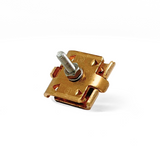 American Rod Company’s Stamped Bolted Parallel Cable Connector in this showcase image. Designed for Class 1 and Class 2 lightning protection, this copper connector supports cable sizes up to 4/0. Featuring a one-bolt tension system, it ensures a secure connection. UL 96A, NFPA 780, and LPI 175 approved.