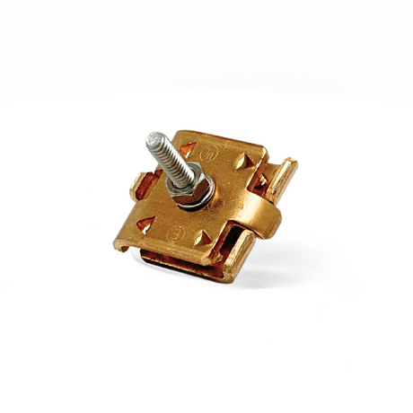 American Rod Company’s Stamped Bolted Parallel Cable Connector in this showcase image. Designed for Class 1 and Class 2 lightning protection, this copper connector supports cable sizes up to 4/0. Featuring a one-bolt tension system, it ensures a secure connection. UL 96A, NFPA 780, and LPI 175 approved.