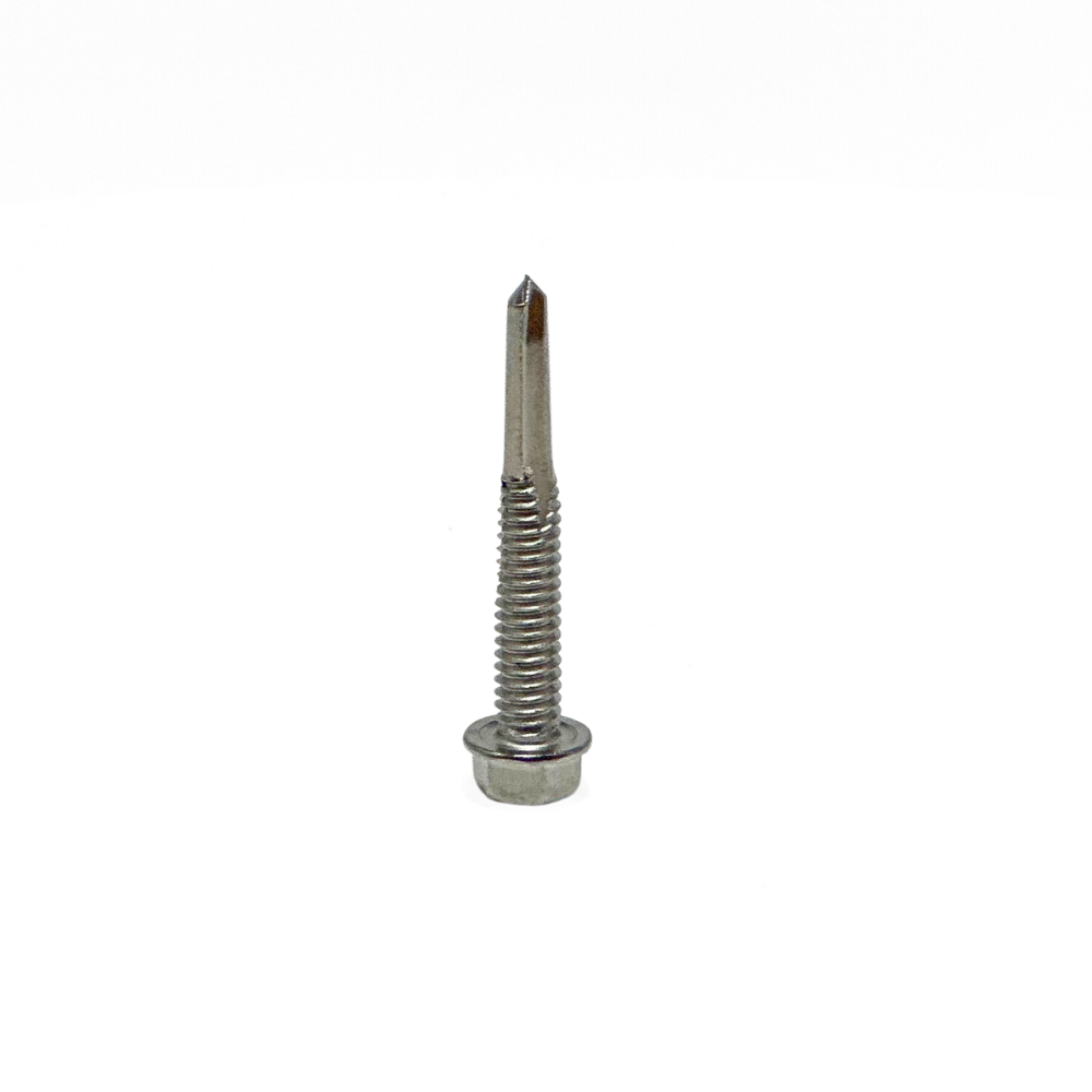 This detailed close-up showcases the 12-24 x 1-1/2” 410 Stainless Steel Hex Washer Head Tek 5 Self-Drilling Screw from American Rod Company. The hex washer head and Tek 5 self-drilling point are designed to meet the rigorous standards of NFPA 780 and UL 96A for lightning protection systems. The 410 stainless steel construction ensures compliance with these standards, offering high strength and corrosion resistance essential for reliable installations.