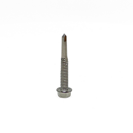 This detailed close-up showcases the 12-24 x 1-1/2” 410 Stainless Steel Hex Washer Head Tek 5 Self-Drilling Screw from American Rod Company. The hex washer head and Tek 5 self-drilling point are designed to meet the rigorous standards of NFPA 780 and UL 96A for lightning protection systems. The 410 stainless steel construction ensures compliance with these standards, offering high strength and corrosion resistance essential for reliable installations.