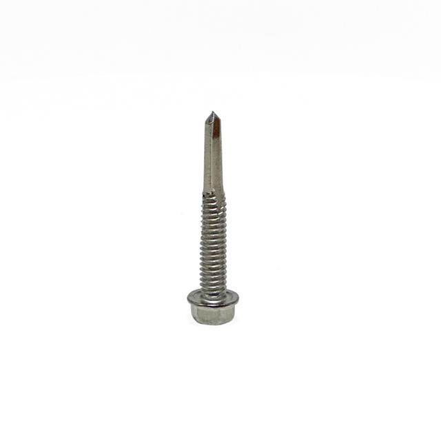 This detailed close-up showcases the 12-24 x 1-1/2” 410 Stainless Steel Hex Washer Head Tek 5 Self-Drilling Screw from American Rod Company. The hex washer head and Tek 5 self-drilling point are designed to meet the rigorous standards of NFPA 780 and UL 96A for lightning protection systems. The 410 stainless steel construction ensures compliance with these standards, offering high strength and corrosion resistance essential for reliable installations.