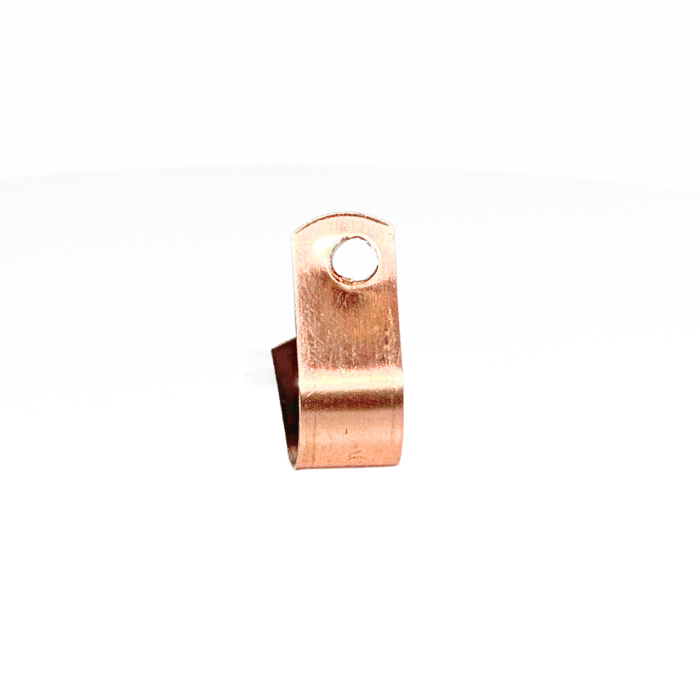 American Rod Company copper loop type cable fastener for lightning protection systems, showcasing a versatile design for securing cables, meeting UL 96A and NFPA 780 standards.