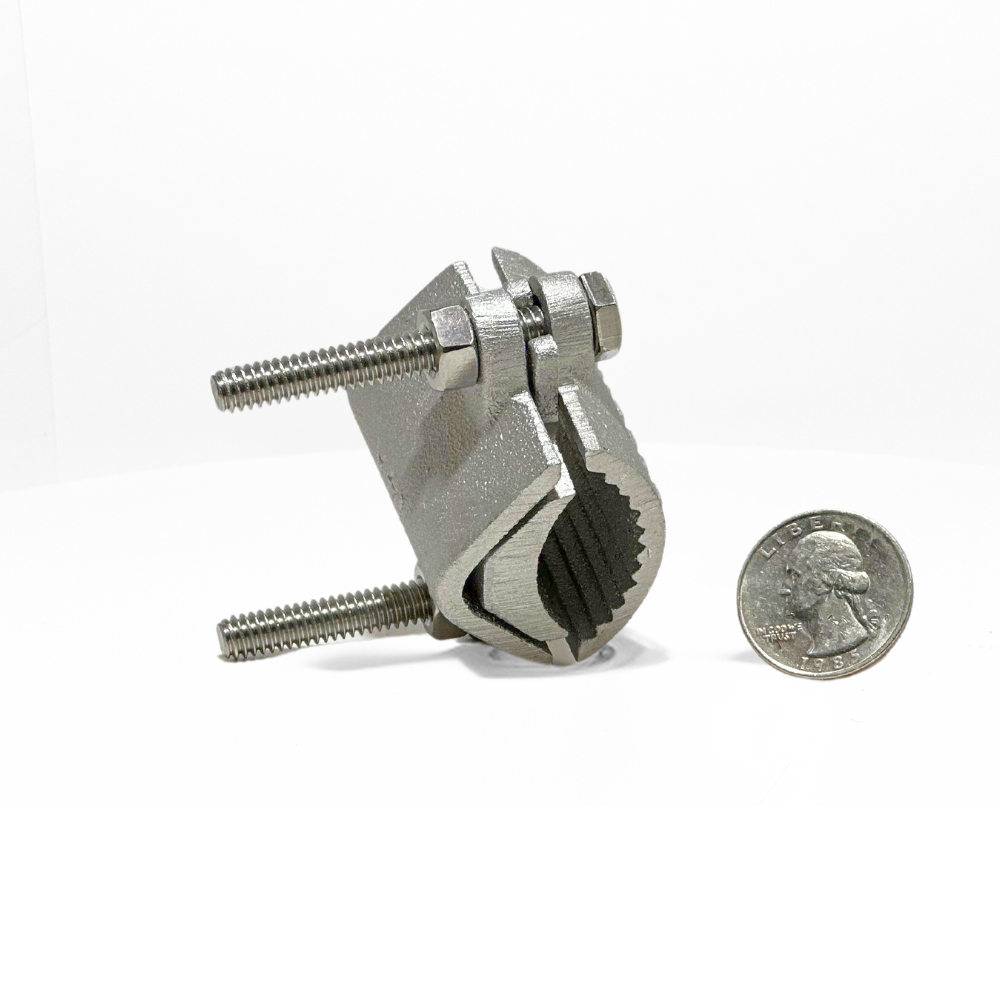 Cast Aluminum Pipe Bonding Clamp for securing main sized cables to pipes. Has 2 stainless steel 1/4” bolts for tension adjustment, rounded cap plates and a rounded insert for securing conductor. measures 2-1/2″ x 1-3/4” Lightning Protection Equipment UL-Listed Lightning Rod Lightning Conductor Electrical Grounding System Surge arrestor Lightning Rod Lightning Protection NFPA 780 LPI 175 UL96A