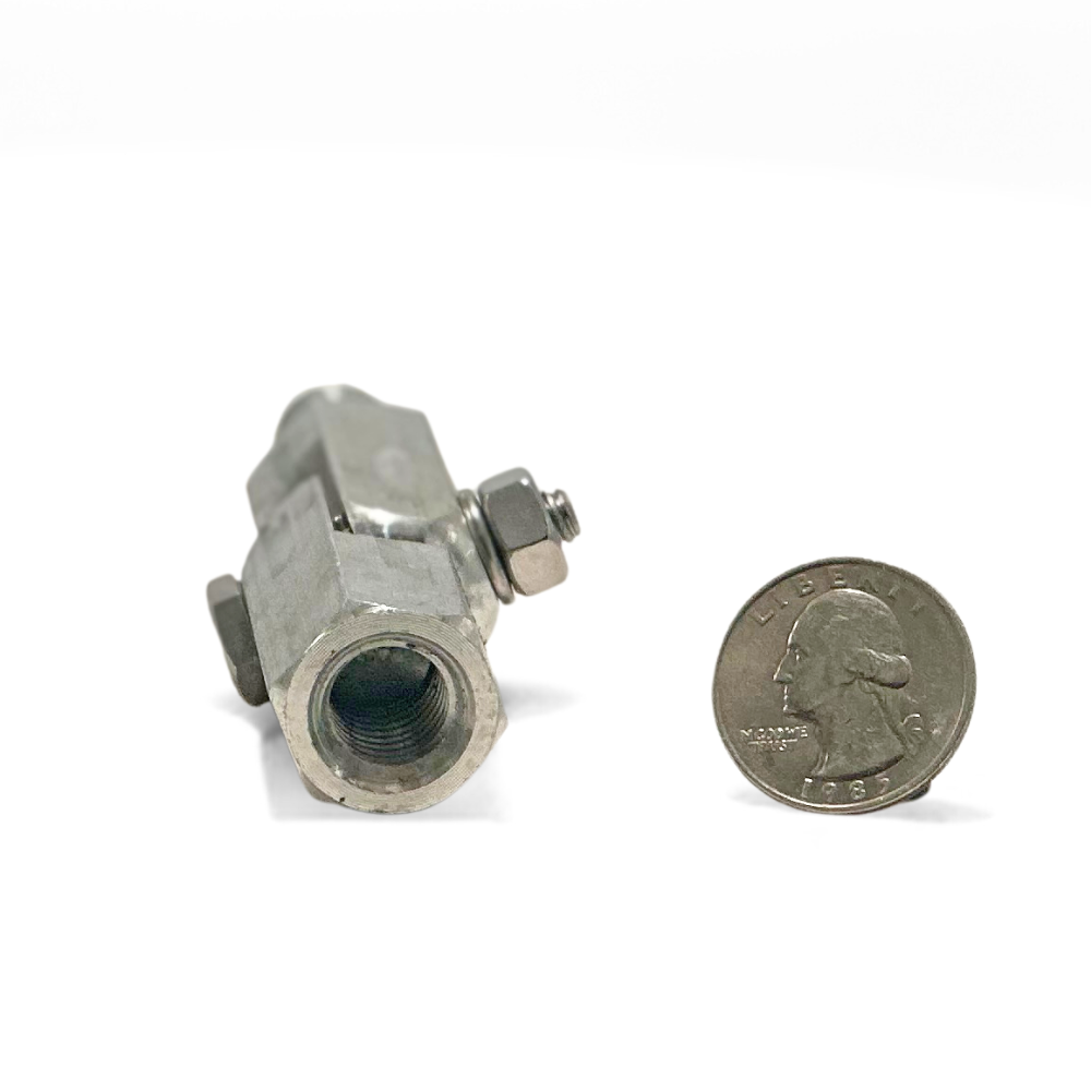 The Machined Double Swivel Adapter shown with a quarter for size reference, illustrating its compact yet robust design. This adapter is perfect for enhancing the flexibility and reliability of lightning protection systems provided by American Rod Company. Suitable for Residential Lightning Protection and Commercial Lightning Protection, it ensures effective Grounding System Installation.