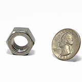 Size comparison of American Rod Company’s 304 Stainless Steel Hex Finish Nut with a quarter, highlighting its compact and precise design ideal for NFPA 780 and UL 96A compliant rod installations