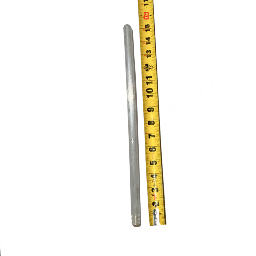 Aluminum air terminal, 5/8” diameter and 12 inches long, shown next to a measuring tape for size reference. Suitable for lightning protection on taller structures exceeding 75 feet, this air terminal complies with UL 96A, NFPA 780, and LPI 175 standards. Provided by American Rod Company.