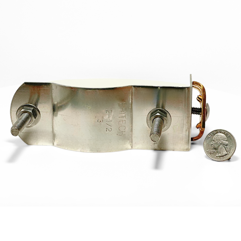 In this photo, American Rod Company’s Tin Copper Stamped U-Bolt Pipe Clamp is shown next to a quarter for size reference. This clamp, designed for bonding pipes, handrails, and exhaust stacks, fits pipes sized 2.63” to 3.63” and ensures secure connections for lightning protection systems. Listed to UL® 96 for reliability and safety.