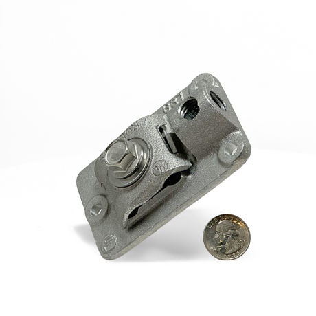 In this photo, American Rod Company’s Aluminum Top/Side Mount Base is shown next to a quarter for size reference. Designed for durability and versatility, this heavy cast aluminum base is threaded in two directions, making it ideal for top or side mount applications in lightning protection systems. UL Listed and NFPA 780 compliant.