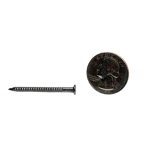 Side view of 9 gauge barbed shank nails (304 SS), measuring 0.148 x 1-1/2", engineered for secure attachment in lightning protection systems. Made from corrosion-resistant 304 stainless steel, these nails provide superior holding power and long-lasting durability. Ideal for residential and commercial lightning rod installations, they meet UL 96A and NFPA 780 standards for reliable grounding and electrical safety.