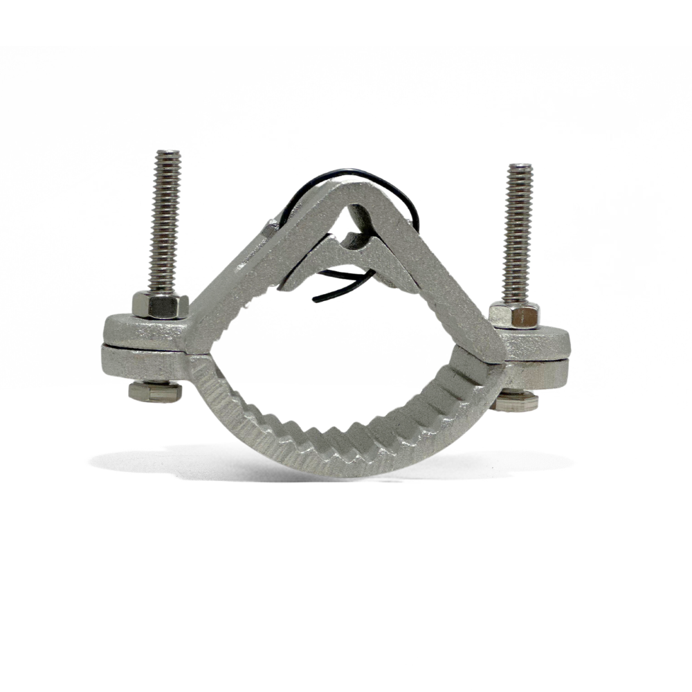 Cast Aluminum Pipe Bonding Clamp for securing main sized cables to pipes. Has 2 stainless steel 1/4” bolts for tension adjustment, rounded cap plates and a rounded insert for securing conductor. measures 4-1/4” x 1-1/2” Lightning Protection Equipment UL-Listed Lightning Rod Lightning Conductor Electrical Grounding System Surge arrestor Lightning Rod Lightning Protection NFPA 780 LPI 175 UL96A