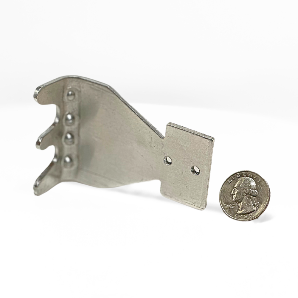 In this photo, American Rod Company’s Aluminum Crimp 3” Bonding Plate is shown next to a quarter for size reference. Designed for Class I structures, this bonding plate effectively bonds objects of any size requiring a minimum of 3 square inches of contact surface. Made from 0.08” thick aluminum, it meets the minimum standards for a main size connection. Its malleable design allows for mounting on both flat and rounded surfaces. UL Listed and NFPA 780 compliant.