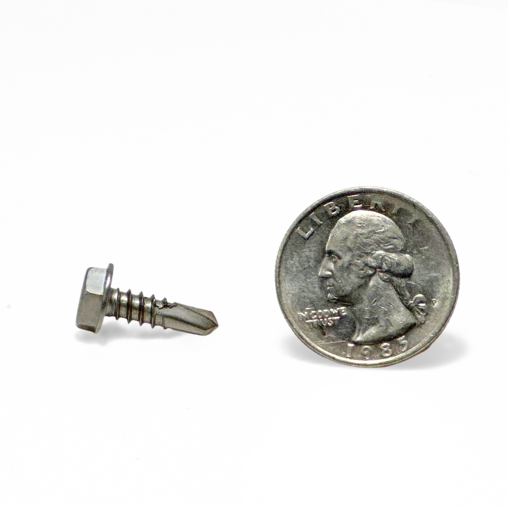 horizontal display of American Rod Company’s #10 x 5/8” Hex Washer Head Self Driller TEK-3 screw next to a quarter, illustrating its compact size and the precise design for quick penetration in thin metal, crucial for efficient lightning protection installations