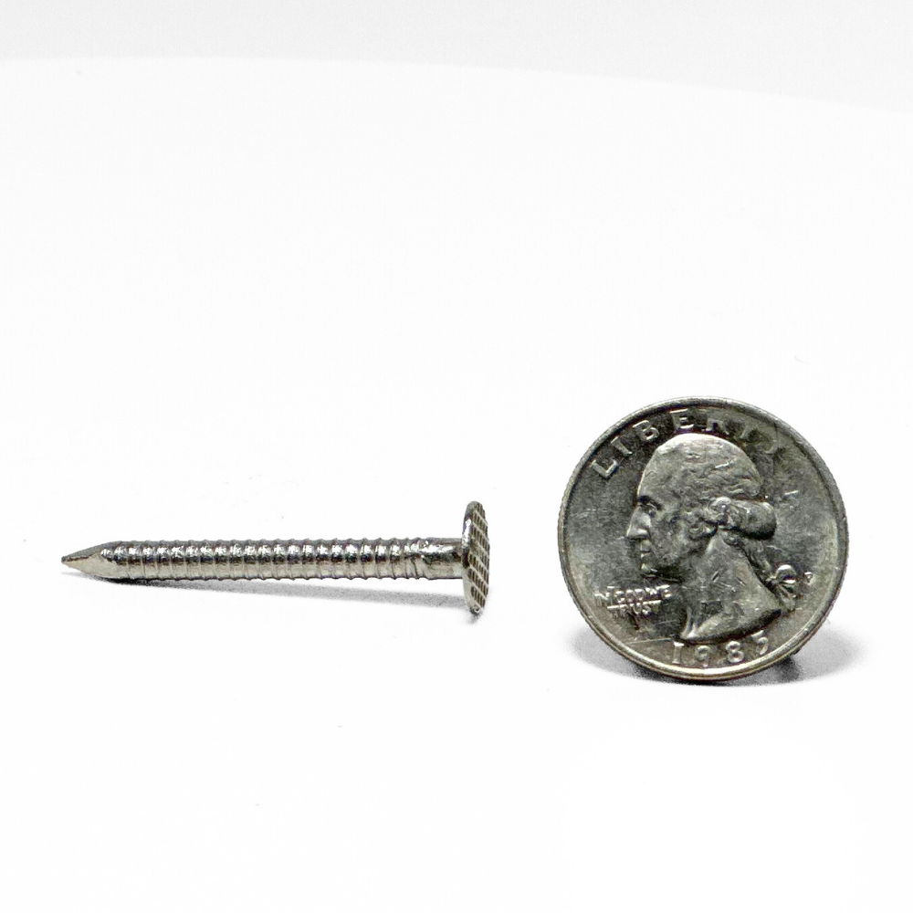 American Rod Company’s Barbed Shank Nail displayed sideways next to a quarter, illustrating the nail’s precise 0.148 inch diameter and barbed design for a secure, reliable connection in diverse environmental conditions, suitable for residential lightning protection.