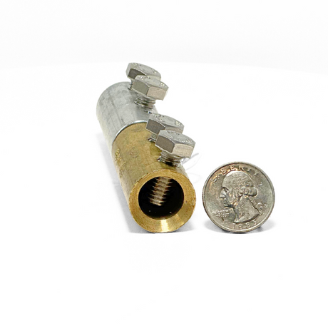 This angled photo with a quarter shows the copper cable opening is 50% as large. American Rod Company’s In-Line Bi-Metallic Cable Connector. Expertly designed to facilitate connections between copper and aluminum cables, this connector features a 1” diameter and a two-bolt tension grip system for secure connections. Constructed from aluminum, brass, and stainless steel 304 for durability. UL 96A and LPI 175 certified.