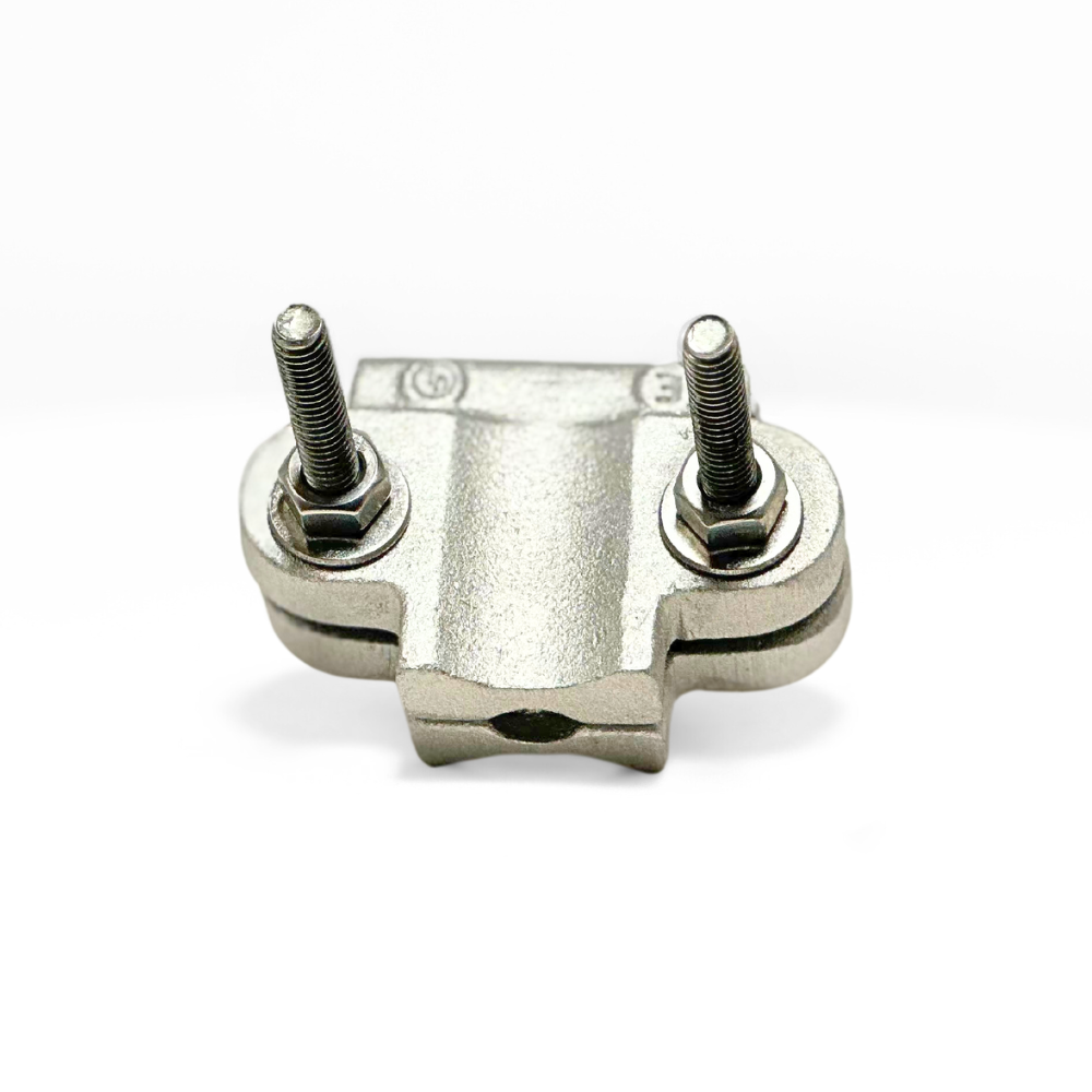 This angled photo showcases American Rod Company’s Cast Aluminum Pipe Bonding Clamp. Engineered for superior performance in lightning protection systems, this cast aluminum pipe bonding clamp secures main-sized cables to pipes. Dual stainless steel U-style bolts allow for easy tension adjustment, ensuring a durable connection. UL 96A and LPI 175 certified.