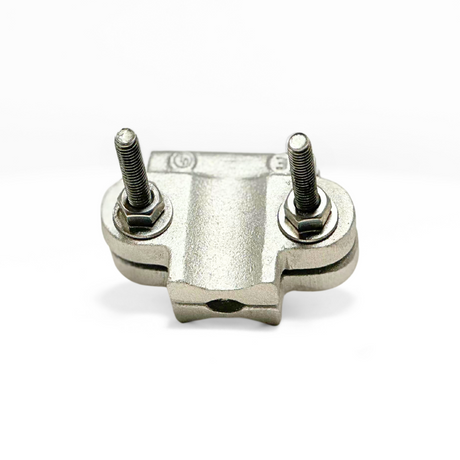 This angled photo showcases American Rod Company’s Cast Aluminum Pipe Bonding Clamp. Engineered for superior performance in lightning protection systems, this cast aluminum pipe bonding clamp secures main-sized cables to pipes. Dual stainless steel U-style bolts allow for easy tension adjustment, ensuring a durable connection. UL 96A and LPI 175 certified.