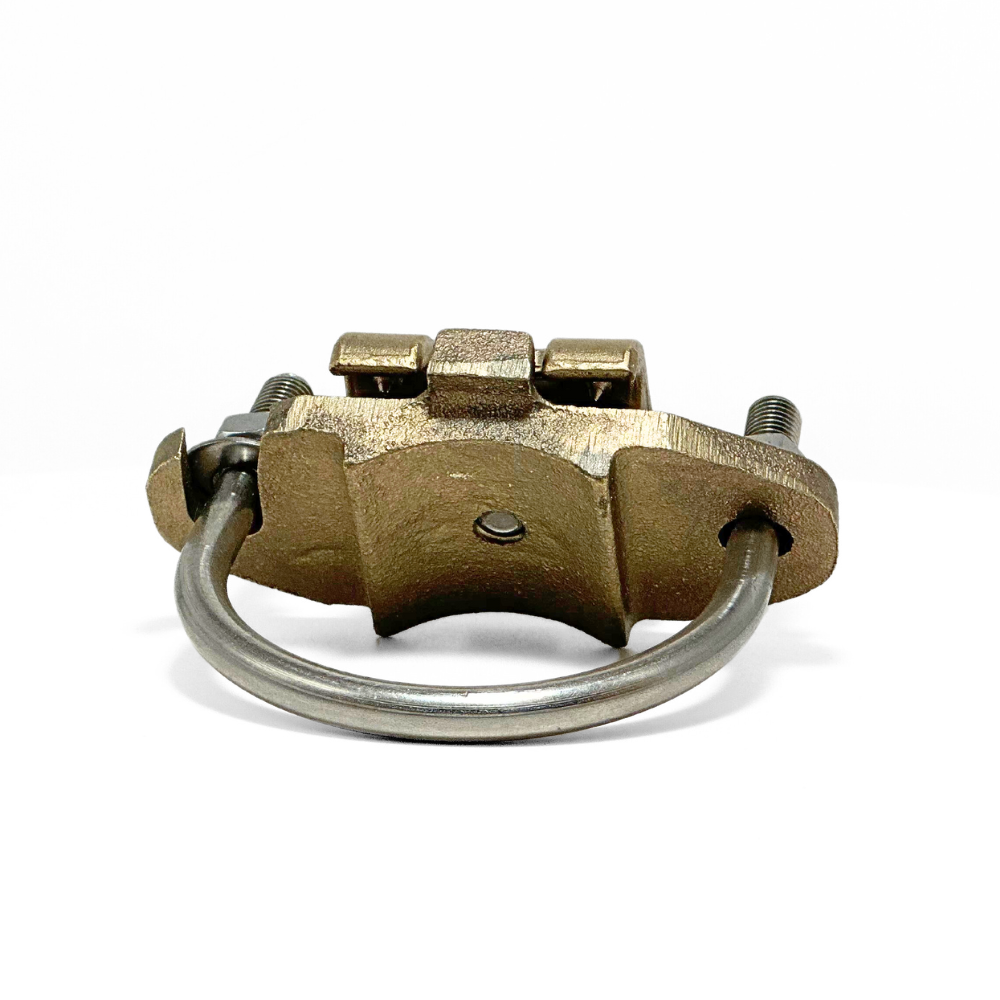 This angled photo showcases American Rod Company’s Copper U-Bolt Pipe Clamp. Designed for superior performance, this cast bronze copper pipe bonding clamp secures main-sized cables to pipes ranging from 1 3/4” to 2 3/4”. Dual stainless steel U-style bolts allow for easy tension adjustment. UL 96A and LPI 175 certified.