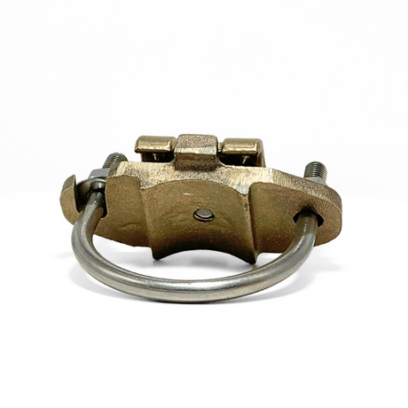 This angled photo showcases American Rod Company’s Copper U-Bolt Pipe Clamp. Designed for superior performance, this cast bronze copper pipe bonding clamp secures main-sized cables to pipes ranging from 1 3/4” to 2 3/4”. Dual stainless steel U-style bolts allow for easy tension adjustment. UL 96A and LPI 175 certified.