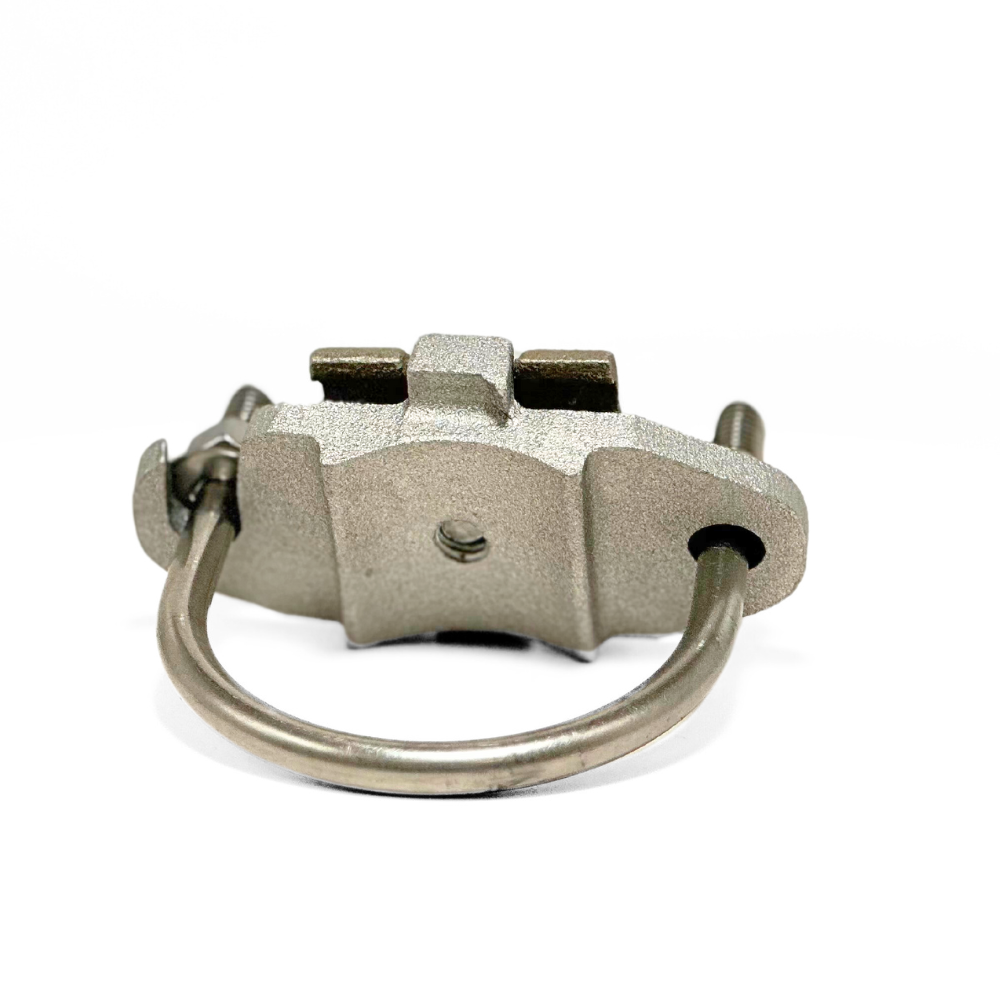 This angled photo showcases American Rod Company’s Aluminum U-Bolt Pipe Clamp. Designed for superior performance, this cast aluminum pipe bonding clamp secures main-sized cables to pipes ranging from 1 3/4” to 2 3/4”. Dual stainless steel U-style bolts allow for easy tension adjustment. UL 96A and LPI 175 certified.