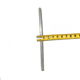 Aluminum air terminal, 5/8” diameter and 12 inches long, shown next to a with measuring tape for size reference. Suitable for lightning protection on taller structures exceeding 75 feet, this air terminal complies with UL 96A, NFPA 780, and LPI 175 standards. Provided by American Rod Company.