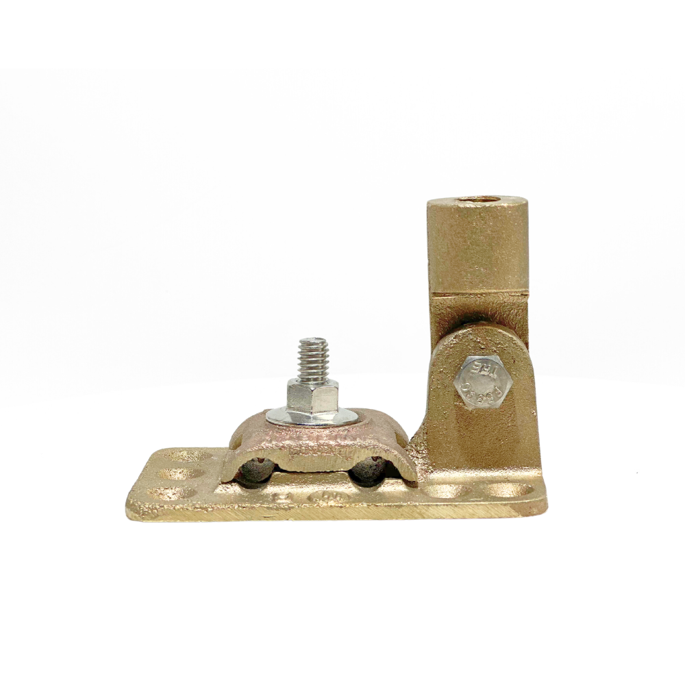 Cast bronze copper Base, with a swiveling head and holes designed for adhesive or anchors. Dimensions are 3-1/2” x 2” X3-3/4” Lightning Protection Equipment UL-Listed Lightning Rod Lightning Conductor Electrical Grounding System Surge arrestor Lightning Rod Lightning Protection NFPA 780 LPI 175 UL96A