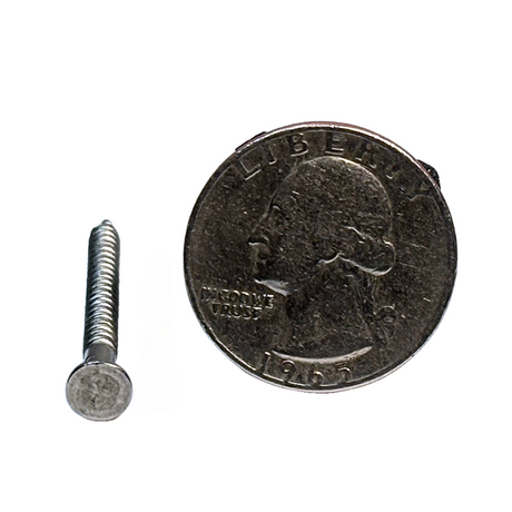 Side view of 9 gauge barbed shank nails (304 SS), measuring 0.148 x 1-1/2", engineered for secure attachment in lightning protection systems. Made from corrosion-resistant 304 stainless steel, these nails provide superior holding power and long-lasting durability. Ideal for residential and commercial lightning rod installations, they meet UL 96A and NFPA 780 standards for reliable grounding and electrical safety.