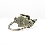 An angled view of the Harger 1.5-2 Inch OD Pipe Clamp, showcasing its “quick connect” bi-directional design and PEM® stud. This clamp ensures a flush mounting surface and secure connection in lightning protection systems by American Rod Company.