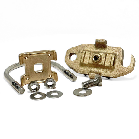 American Rod Company’s Copper U-Bolt Pipe Clamp is disassembled to show all its components. Designed for pipes sized 1 3/4” to 2 3/4”, this cast bronze copper pipe bonding clamp features dual stainless steel U-style bolts for easy tension adjustment. Ensures strong connection for main-sized cables, perfect for lightning protection and electrical bond. NFPA 780 and UL 96A approved.