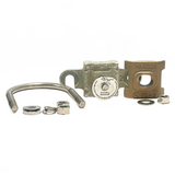 The Harger 1.5-2 Inch OD Pipe Clamp disassembled, showing its components and robust construction. Designed for effective lightning protection and grounding, this clamp is a key part of any comprehensive system by American Rod Company.