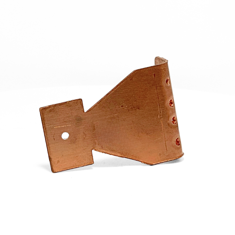 Another angle of American Rod Company’s Copper Crimp 3” Bonding Plate is displayed in this photo. Designed for Class I structures, this bonding plate effectively bonds objects of any size requiring a minimum of 3 square inches of contact surface. Made from 0.064” thick copper, it meets the minimum standards for a main size connection. Its malleable design allows for mounting on both flat and rounded surfaces. NFPA 780 and UL 96A approved.