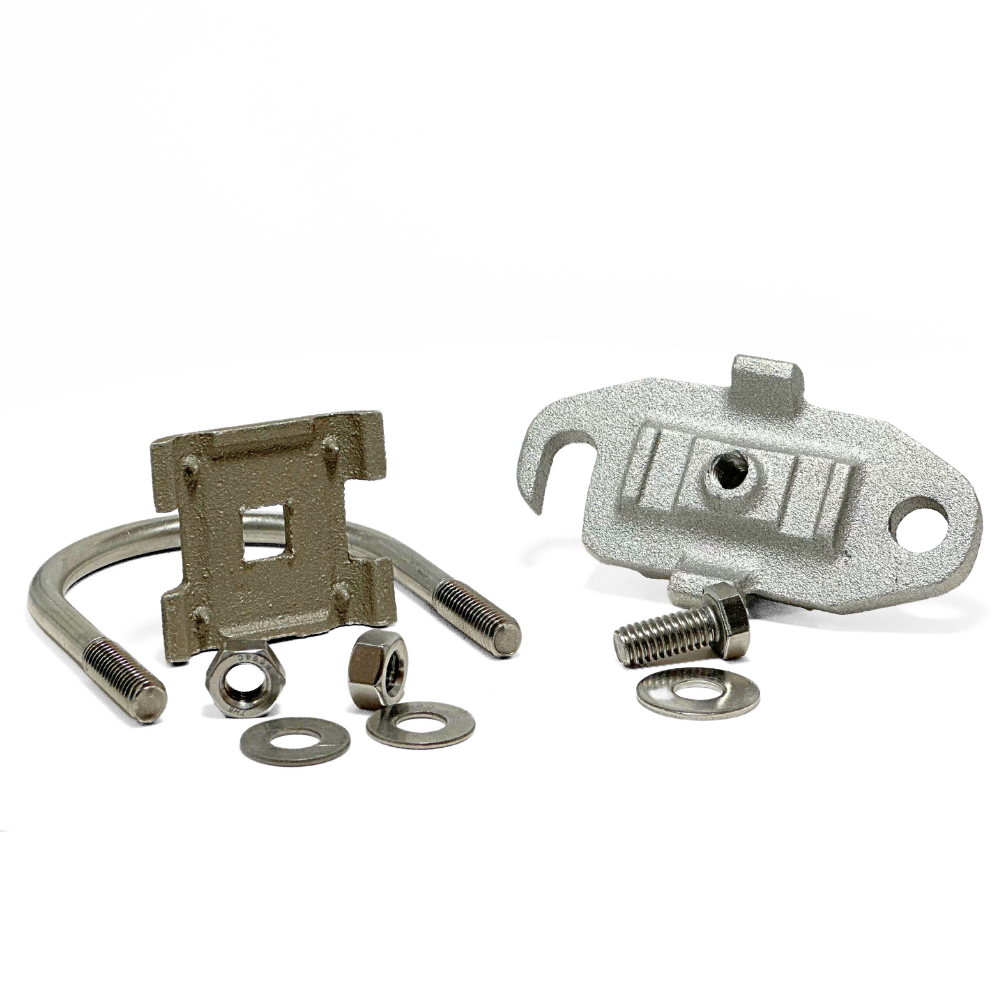 In this photo, American Rod Company’s Aluminum U-Bolt Pipe Clamp is disassembled to show all its components. Designed for pipes sized 1 3/4” to 2 3/4”, this cast aluminum pipe bonding clamp features dual stainless steel U-style bolts for easy tension adjustment. Ensures strong connection for main-sized cables, perfect for lightning protection and electrical bond. NFPA 780 and UL 96A approved.