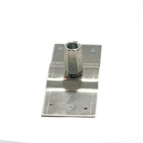 An angled view of the Aluminum Strap Point Base, highlighting its design and construction. The base is expertly engineered to provide a reliable and robust solution for various metal surface applications, making it ideal for Class 2 lightning protection systems.metal screw mounting, American Rod Company, UL Listed Lightning Protection, NFPA 780 Compliance, UL 96A Standards.