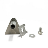 Disassembled view of the Cast Aluminum Offset Wall Point Base with 5/8” compatibility, showing the 2” offset point adapter and mounting holes. Designed for lightning protection systems, this base provides reliable support and secure cable contact for main-sized cables, compliant with NFPA 780, UL 96A, and LPI 175 standards. Available through American Rod Company.