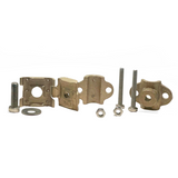 The Cast Bronze Pipe or Rebar Bonding Clamp disassembled, showing its components and the built-in spikes for gripping pipes or rebar. Ideal for ensuring stable and secure connections in lightning protection systems by American Rod Company.