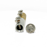 This angled photo with a quarter shows the aluminum cable opening is 50% as large. American Rod Company’s In-Line Bi-Metallic Cable Connector. Expertly designed to facilitate connections between copper and aluminum cables, this connector features a 1” diameter and a two-bolt tension grip system for secure connections. Constructed from aluminum, brass, and stainless steel 304 for durability. UL 96A and LPI 175 certified.