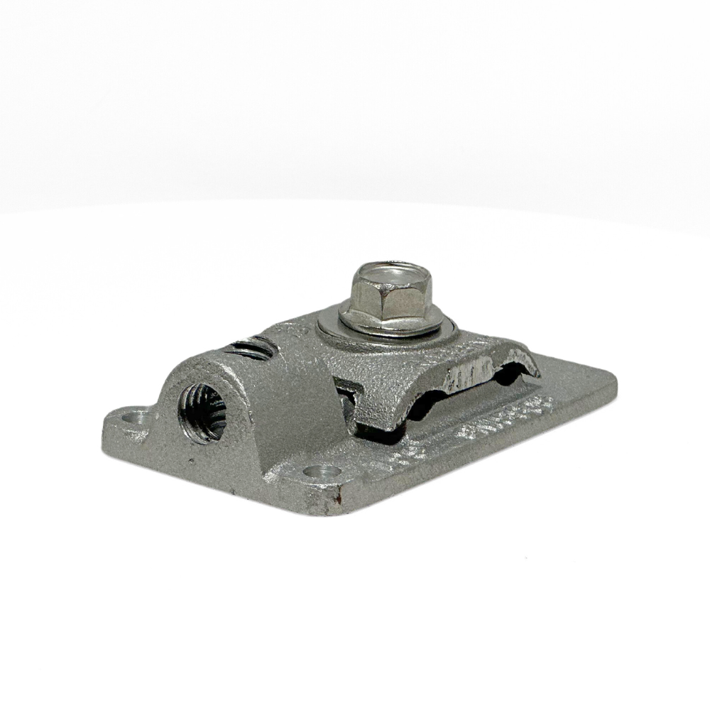 This angled photo showcases the versatility of American Rod Company’s Aluminum Top/Side Mount Base. Crafted from heavy cast aluminum and threaded in two directions, it is suitable for both top and side mount applications, ensuring durable and reliable performance in lightning protection systems. UL 96A and LPI 175 certified.