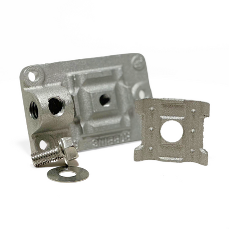 In this photo, American Rod Company’s Aluminum Top/Side Mount Base is disassembled to show all its components. Designed for durability and versatility, this heavy cast aluminum base is threaded in two directions, making it suitable for both top and side mount applications. Ensures reliable lightning protection. UL 96A, NFPA 780, and LPI 175 compliant.