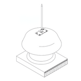 A sketch of a typical use scenario for the Aluminum Strap Point Base, illustrating its application on metal fans, vents, hoods, and evaporative coolers. The base provides a reliable and robust solution for mounting air terminals on various metal surfaces, ensuring secure lightning protection by American Rod Company.