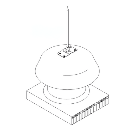 A sketch of a typical use scenario for the Aluminum Strap Point Base, illustrating its application on metal fans, vents, hoods, and evaporative coolers. The base provides a reliable and robust solution for mounting air terminals on various metal surfaces, ensuring secure lightning protection by American Rod Company.