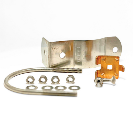 In this photo, American Rod Company’s Tin Copper Stamped U-Bolt Pipe Clamp is disassembled to show all its components. Designed for bonding pipes, handrails, and exhaust stacks, this clamp fits pipes sized 2.63” to 3.63”. It ensures secure main-sized connections for lightning protection systems. Listed to UL® 96, meeting high standards for safety and reliability.