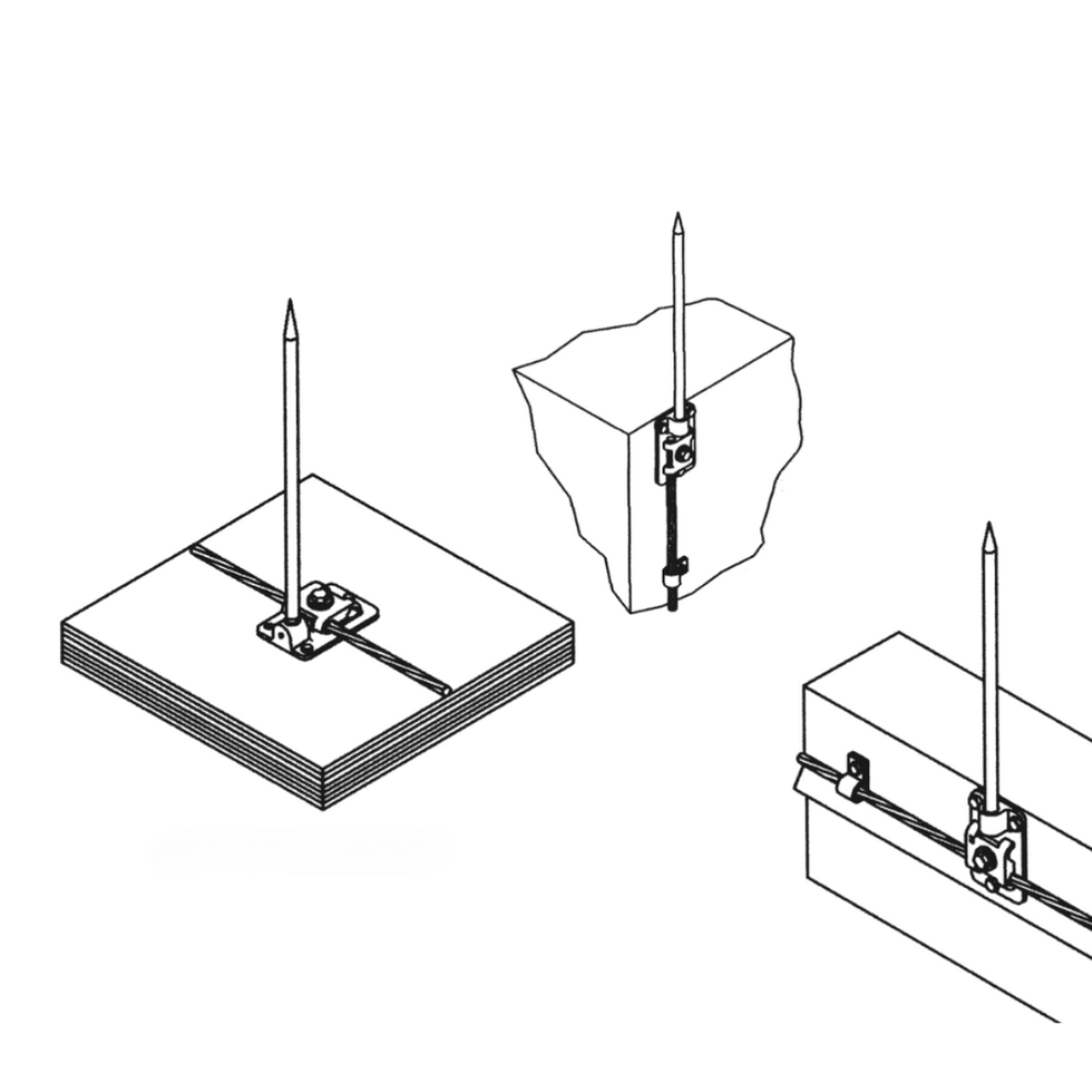 Cast Aluminum Base, with threads on both side of the air terminal receiver and holes designed for adhesive or anchors. Dimensions are 3-1/2” x 1” X3-3/4” Lightning Protection Equipment UL-Listed Lightning Rod Lightning Conductor Electrical Grounding System Surge arrestor Lightning Rod Lightning Protection NFPA 780 LPI 175 UL96A