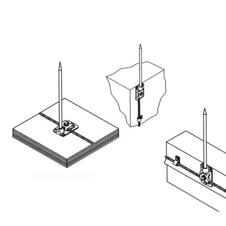 Cast Aluminum Base, with threads on both side of the air terminal receiver and holes designed for adhesive or anchors. Dimensions are 3-1/2” x 1” X3-3/4” Lightning Protection Equipment UL-Listed Lightning Rod Lightning Conductor Electrical Grounding System Surge arrestor Lightning Rod Lightning Protection NFPA 780 LPI 175 UL96A