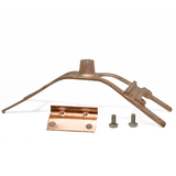 “Disassembled view of American Rod Company’s 3/8” Ridge Saddle lightning rod base, highlighting its high-quality copper components engineered to support robust and effective lightning protection systems, compliant with NFPA 780 and LPI 175 standards.”