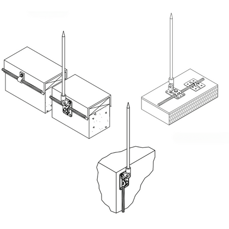 Cast Aluminum Base, with a swiveling head and holes designed for adhesive or anchors. Dimensions are 3-1/2” x 2” X3-3/4” Lightning Protection Equipment UL-Listed Lightning Rod Lightning Conductor Electrical Grounding System Surge arrestor Lightning Rod Lightning Protection NFPA 780 LPI 175 UL96A